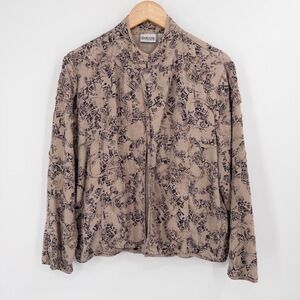 Chico's Silk‎ Linen Textured Jacket L Sz 2 Abstract Boho Artsy Floral Appliqué